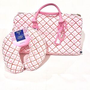 Roller Rabbit Pink Geo Hearts Duffel Travel Bag + Matching Neck Pillow